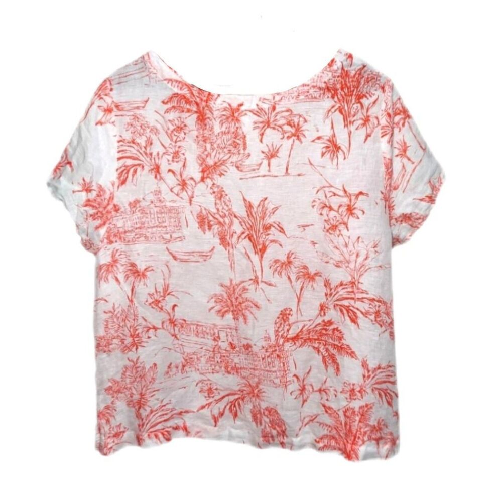 JOIE Linen Red Tropical Palm Trees Short Sleeve Top Plus Size 3X Beach Summer